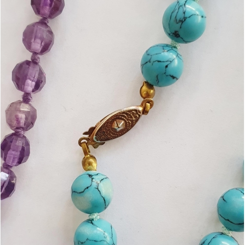 331 - Polished turquoise bead necklace, single-strand and a graduated faceted amethyst-coloured bead neckl... 