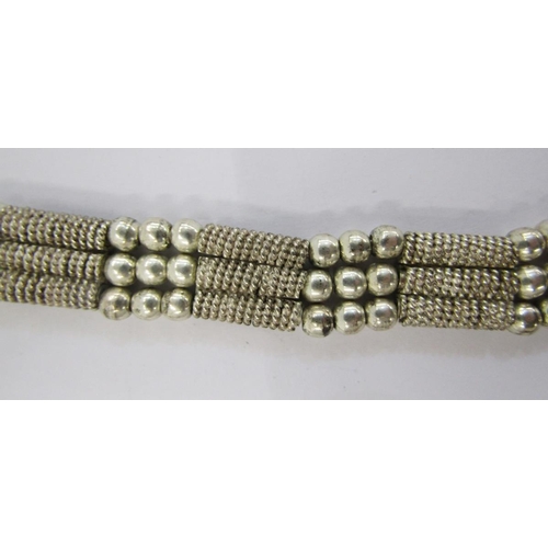 341A - Silver triple-strand choker and matching bracelet with alternating beads and mesh.