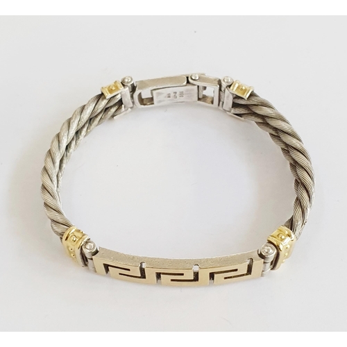 344 - Silver coloured metal bracelet of double ropetwist form centred by gold-plated Greek key panel, 45g,... 