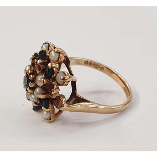 349 - 9ct gold, cultured pearl and blue stone ring, flowerhead-pattern (several stones missing) size J, an... 