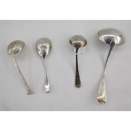 35 - Small Georgian silver sauce ladle, together with three silver sugar sifter spoons, various ages, gro... 