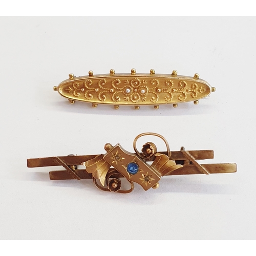 359 - 9ct gold bar brooch, torpedo-shaped set two tiny cultured pearls and another, twin bar and set blue ... 