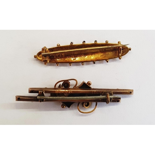 359 - 9ct gold bar brooch, torpedo-shaped set two tiny cultured pearls and another, twin bar and set blue ... 