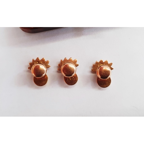 366 - Set of three gold-coloured studs of flaming ball pattern, makers mark 'BN', in case