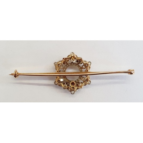 372 - Gold, diamond and cultured pearl bar brooch, six pearls set on an openwork diamond encrusted hexagon... 