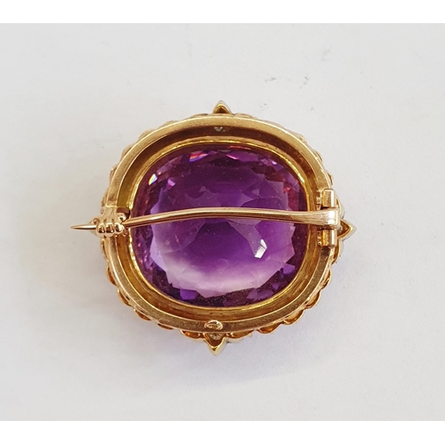 373 - Amethyst, cultured pearl and diamond brooch set large oblong facet-cut amethyst having surround of s... 