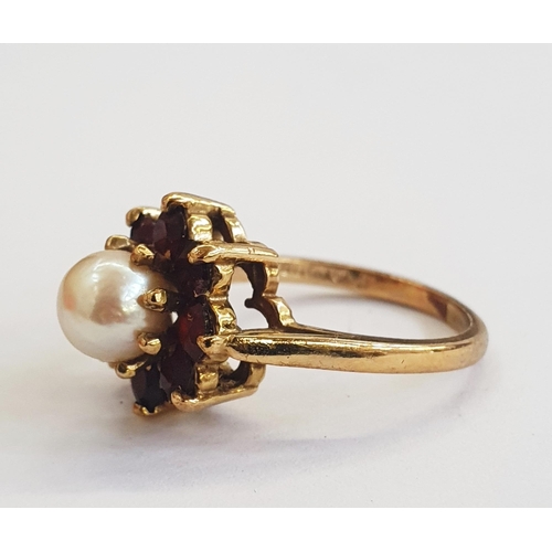 375 - 9ct gold, pearl and garnet cluster ring size L1/4