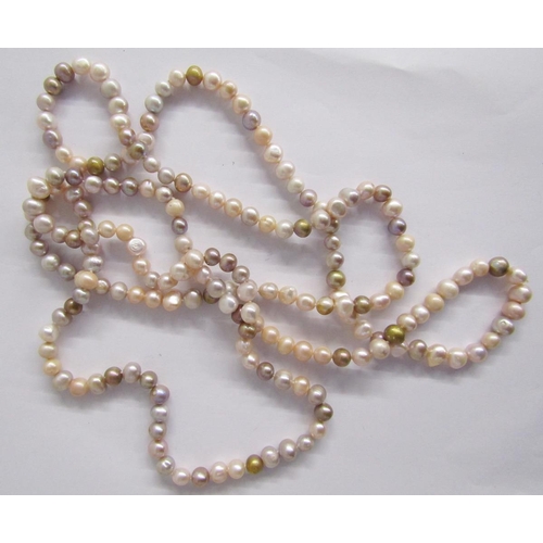 380 - Two long strings of pink, cream and other coloured cultured pearls, a string of coloured cultured pe... 