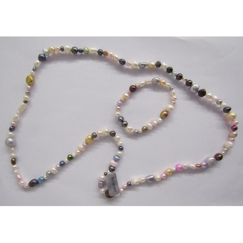 380 - Two long strings of pink, cream and other coloured cultured pearls, a string of coloured cultured pe... 