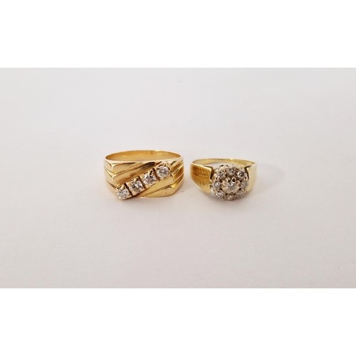 402 - 18ct gold and diamond cluster ring (with wear) size I, and a gold-coloured metal and diamond ring se... 