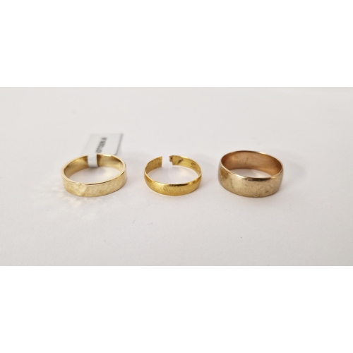 403 - Two 9ct gold wedding bands sizes N1/2 and P1/4, 7.3g approx., another 22ct gold cut, 2.2g and an ant... 