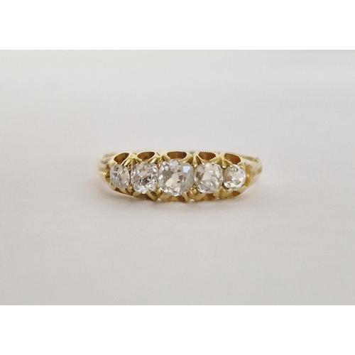 406 - 18ct gold and diamond five stone dress ring, set five old cut diamonds size R