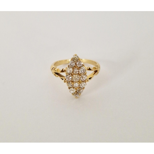 407 - Gold and diamond marquise dress ring, set multiple old cut stones with scrolled shoulders size N1/2