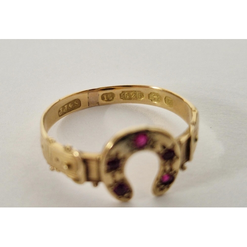 410 - Please note new description - 15ct gold and pink stone horseshoe ring size O, and a gold, sapphire, ... 