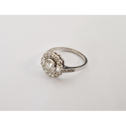 414 - 18ct white gold Art Deco diamond dress ring, the centre circular collet set stone, approx 0.75 ct, f... 