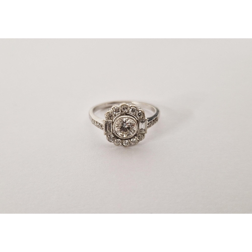 414 - 18ct white gold Art Deco diamond dress ring, the centre circular collet set stone, approx 0.75 ct, f... 