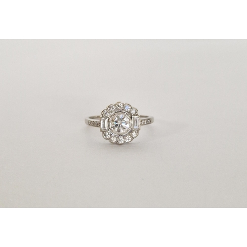 414 - 18ct white gold Art Deco diamond dress ring, the centre circular collet set stone, approx 0.75 ct, f... 