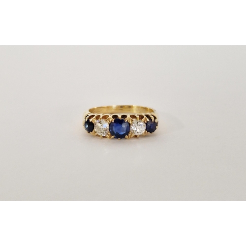 417 - 18ct gold, sapphire and diamond ring, set two old cut diamonds and three sapphires size M