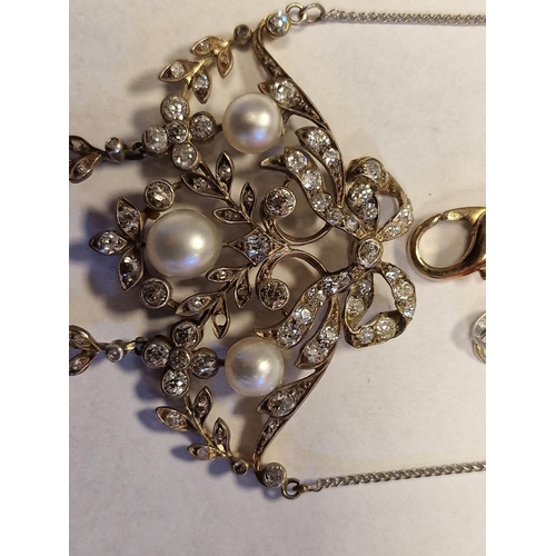 420C - Mid-Victorian diamond and pearl pendant and necklace, the pendant set three natural pearls on ribban... 