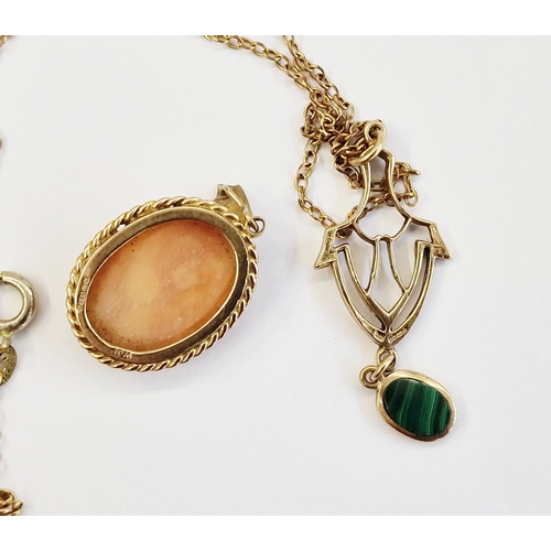 430J - 9ct gold carved shell cameo pendant, ropetwist surround, and a 9ct gold and malachite small oval pen... 