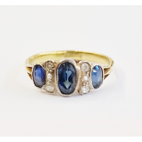 430K - 18ct gold, sapphire and diamond dress ring set three oval facet-cut sapphires interspersed with six ... 