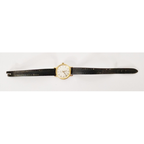 448 - Lady’s Omega rolled gold wristwatch with baton numerals and leather strap