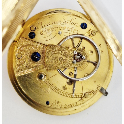 451 - Victorian 18ct gold cased open faced pocket watch, the gilt dial having Roman numerals denoting hour... 