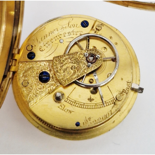 451 - Victorian 18ct gold cased open faced pocket watch, the gilt dial having Roman numerals denoting hour... 