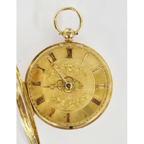 451 - Victorian 18ct gold cased open faced pocket watch, the gilt dial having Roman numerals denoting hour... 