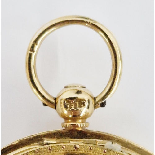 451 - Victorian 18ct gold cased open faced pocket watch, the gilt dial having Roman numerals denoting hour... 