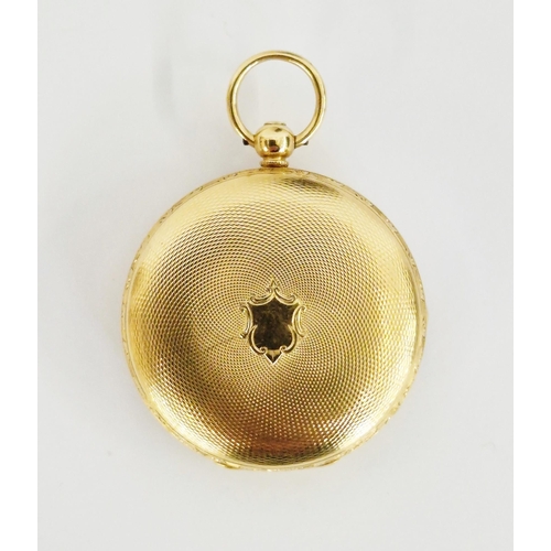 451 - Victorian 18ct gold cased open faced pocket watch, the gilt dial having Roman numerals denoting hour... 