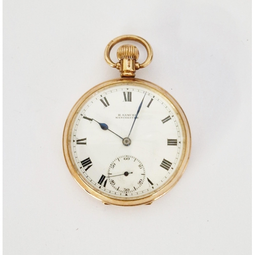 456 - 9ct gold cased open faced crown wind pocket watch by H. Samuel, the white enamelled dial with black ... 