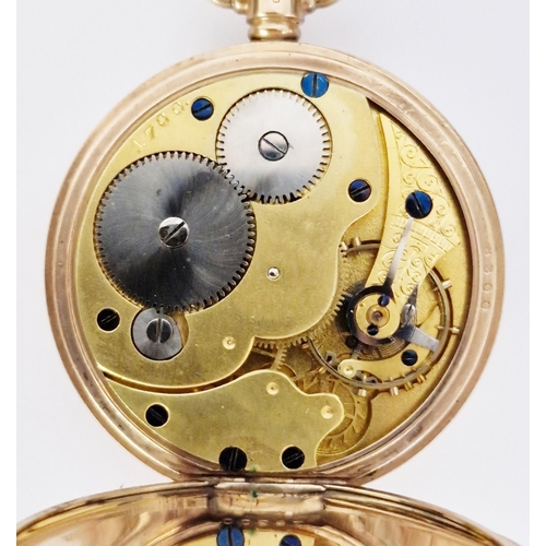 456 - 9ct gold cased open faced crown wind pocket watch by H. Samuel, the white enamelled dial with black ... 