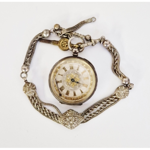 459 - Continental silver cased open faced pocket watch, the silvered dial having gilt Roman numerals denot... 