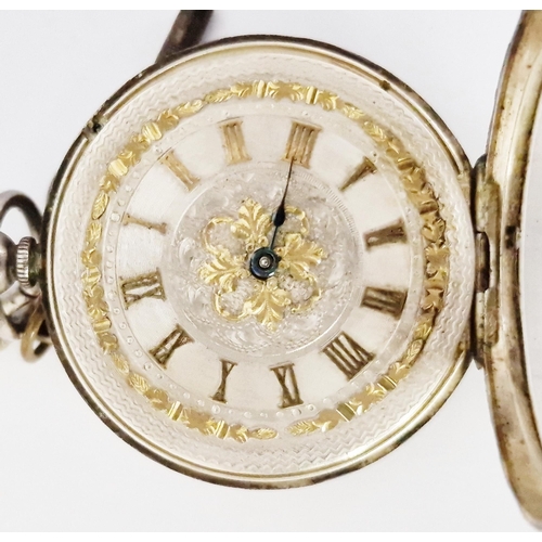 459 - Continental silver cased open faced pocket watch, the silvered dial having gilt Roman numerals denot... 