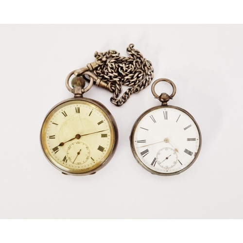 460A - Victorian silver-cased open-faced pocket watch, the enamel dial having Roman numerals denoting hours... 