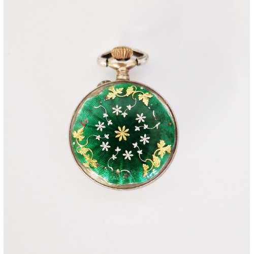 463 - Early 20th century white metal cased lady's fob watch, the case decorated throughout with green guil... 