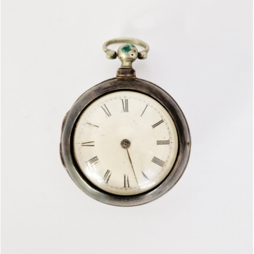 465 - George III silver pair-cased pocket watch, the enamel dial with Roman numerals denoting hours, singl... 