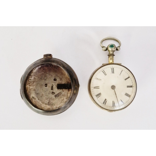 465 - George III silver pair-cased pocket watch, the enamel dial with Roman numerals denoting hours, singl... 