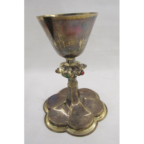 48 - Silver-gilt chalice with tapered bowl, the lobed knop inset with cabochon green and red glass jewels... 