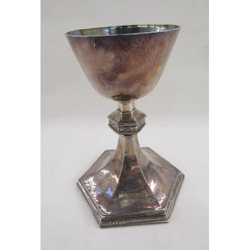 49 - Silver chalice, the rounded bowl on panelled stem with rope and thorn decorated knop, hexagonal bead... 