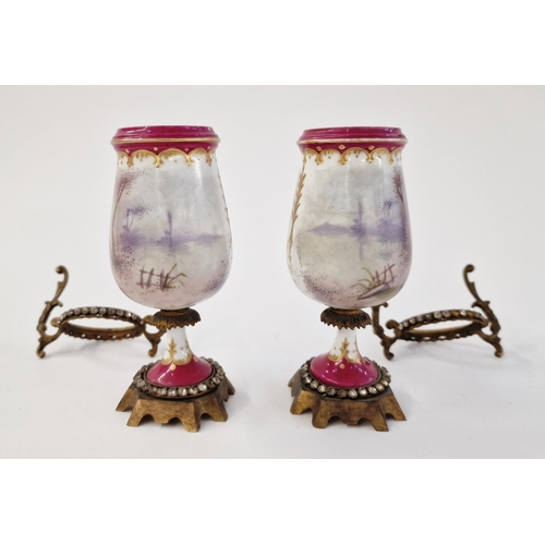 490 - Pair of late 19th century gilt metal-mounted Sevres-style vases, spurious interlaced L marks, each b... 