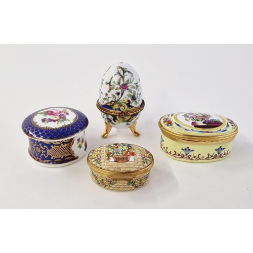 492 - Collection of porcelain and enamel snuff and pill boxes, including an egg-shaped Limoges-style box a... 