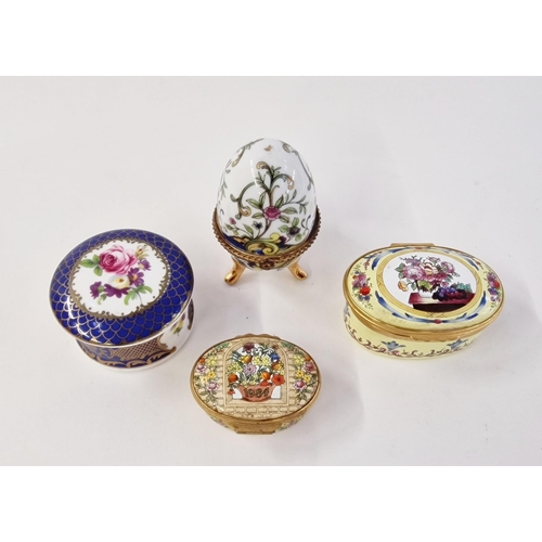 492 - Collection of porcelain and enamel snuff and pill boxes, including an egg-shaped Limoges-style box a... 