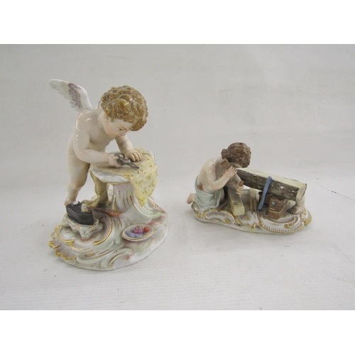 495 - Assembled set of Meissen figures from the labours of Cupid, late 19th century, blue cross swords mar... 