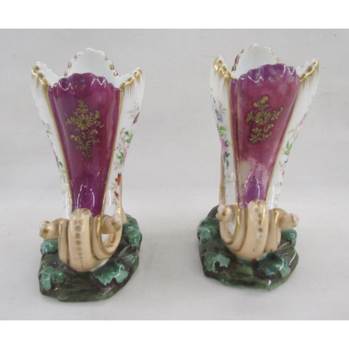 497 - Pair of mid-19th century Paris porcelain cornucopia vases, each painted with bouquets of flowers wit... 