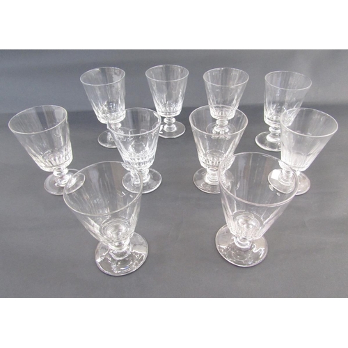 503 - Assembled set of 10 cut glass rummers, variously cut with lappets above knopped stems and spreading ... 