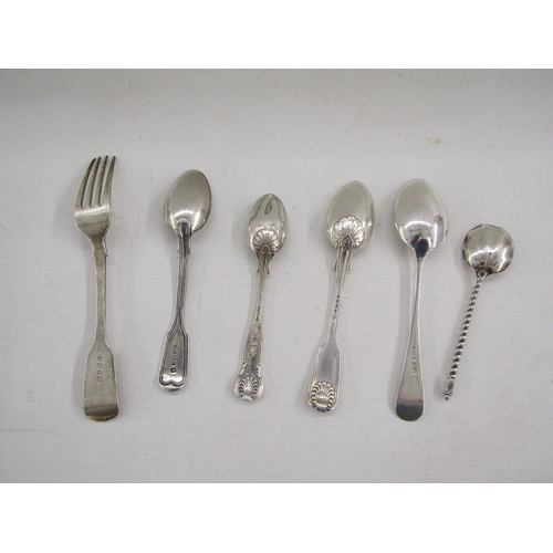 53 - Four assorted silver teaspoons, Victorian and later, together with another spoon, silver fork, lidde... 