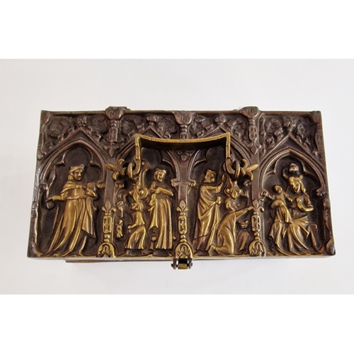 535 - Gothic-style brass casket of rectangular form, stamped 'Dinant', cast with figures beneath trefoil a... 