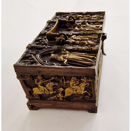 535 - Gothic-style brass casket of rectangular form, stamped 'Dinant', cast with figures beneath trefoil a... 